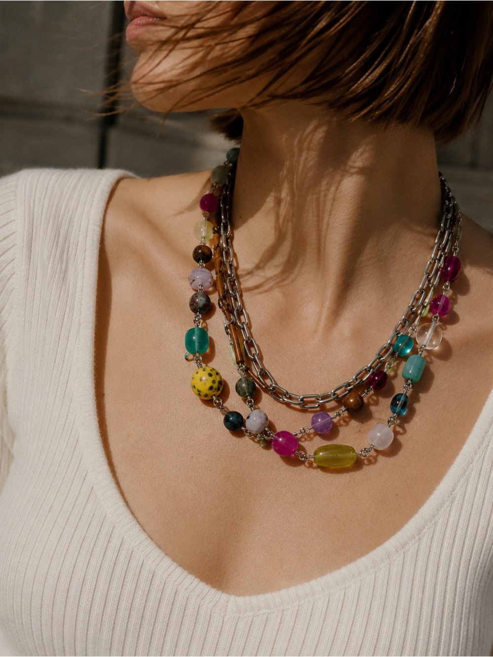 Chunky Beaded Layered Chain Necklace Boho Silver Tone Artisan Leather Cord Y2K